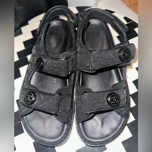Chanel 21C Black Fabric Silver Logo Strap Flat Dad Sandals 38